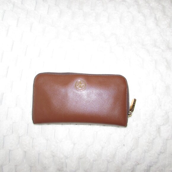 Tory Burch Robinson Small Logo Zip CONTINENTAL Wallet, Brown - Picture 1 of 12